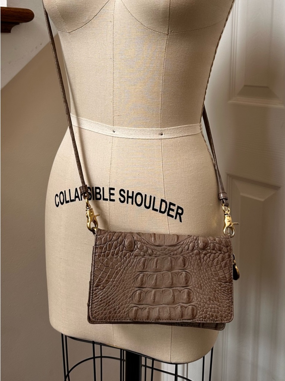 Brahmin Taupe Croc-Embossed Leather Crossbody with Gold Hardware